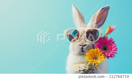 stylish bunny in sunglasses with a bouquet of flowers. Bright blue Easter greeting card with space for text stylish bunny in sunglasses with a bouquet of flowers. Bright blue Easter greeting card with space for text 112768719