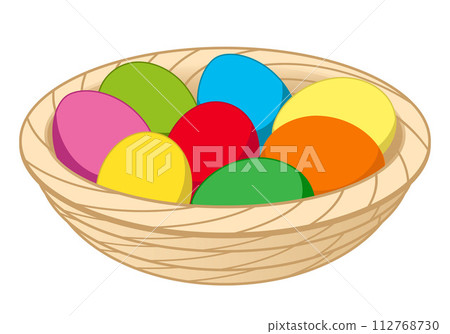 Easter egg, dyed colored hen eggs in a wicker basket bowl, color vector illustration isolated on white 112768730