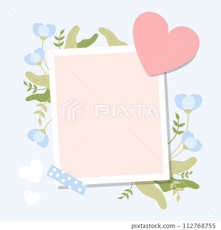Photo frame with empty space with soft blue flowers and heart. Vector illustration template in flat style for festive romantic holidays and valentines design 112768755
