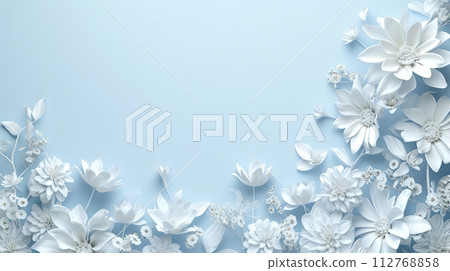 white flowers on blue background with copy space. Abstract natural floral frame layout. Wedding invitation. International Women day, Mother Day concept white flowers on blue background with copy space. Abstract natural floral frame layout. Wedding invitation. International Women day, Mother Day concept 112768858