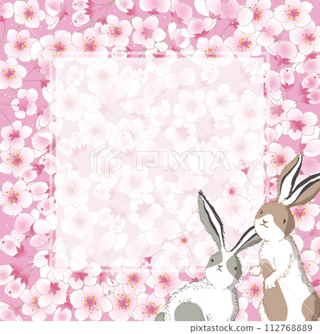 A vector editorial frame design featuring a spring scenery with cherry blossoms and rabbits 112768889