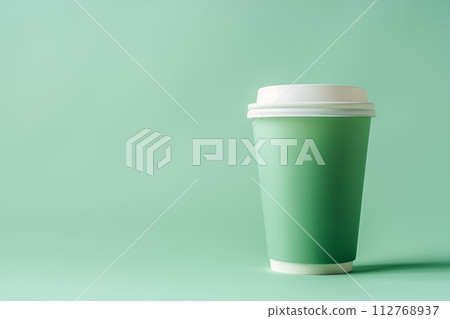 AI-generated content. Green reusable coffee cup on pastel green background 112768937