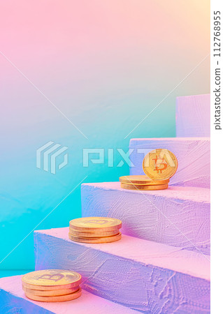 AI-generated content. Crypto coins on stairs on pastel background AI-generated content. Crypto coins on stairs on pastel background 112768955