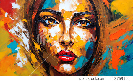 Colorful portrait of a beautiful woman, oil painting on canvas Colorful portrait of a beautiful woman, oil painting on canvas 112769103