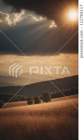 Beautiful landscape with hills at sunset 112769117