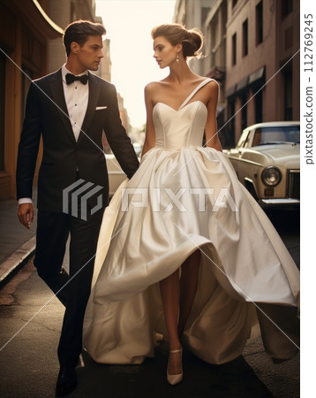 Bride and groom strolling down street in wedding attire holding hands 112769245