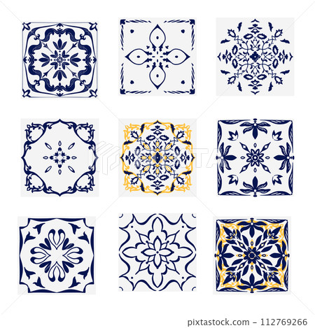 Creative arts blue and yellow floral tiles on white background 112769266