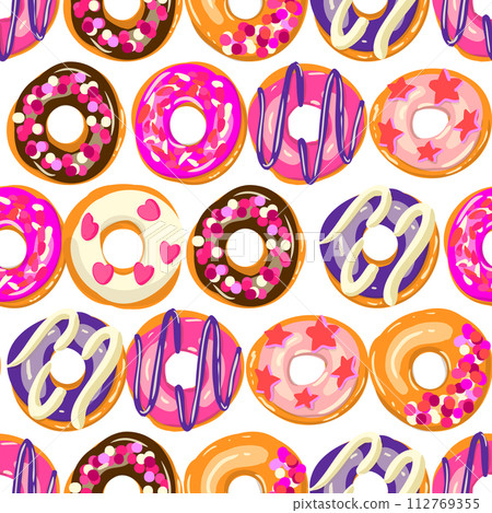 Seamless donut pattern on white background with various pink and chocolate toppings Seamless donut pattern on white background with various pink and chocolate toppings 112769355