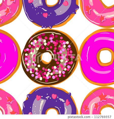 Seamless donut pattern on white background with various pink and chocolate toppings 112769357