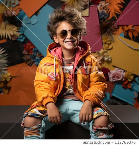 Happy boy in orange bomber and sunglasses sitting on bench, enjoying event Happy boy in orange bomber and sunglasses sitting on bench, enjoying event 112769376