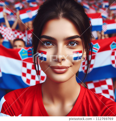 Croatian Young Female Soccer Fan with Painted National Flag Cheeks at European Football, Soccer Championship 112769769