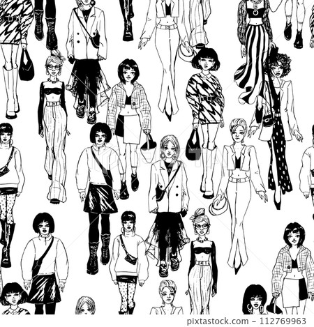 Seamless pattern. Women in trendy clothes. Defile sketch. 112769963