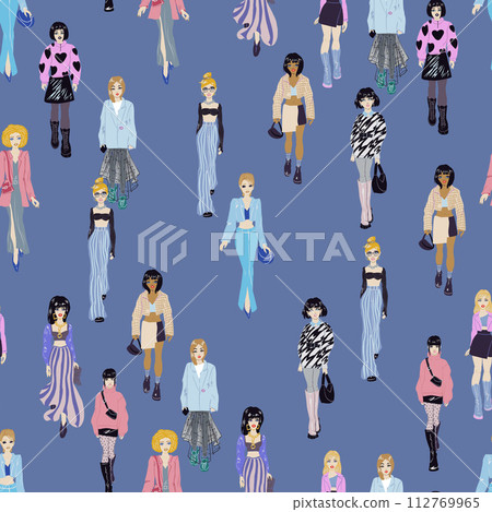 Seamless pattern. Women in trendy clothes. Fashion illustration. 112769965