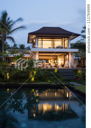 Residential building with a pool and palm trees Residential building with a pool and palm trees 112769999