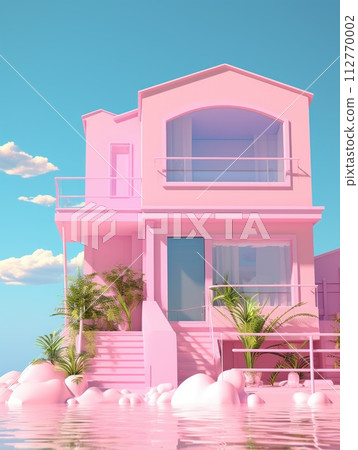 a minimalistic pink princess house with a balcony and palm trees in the background a minimalistic pink princess house with a balcony and palm trees in the background 112770002