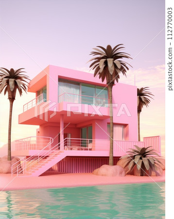 a minimalistic pink princess house with a balcony and palm trees in the background a minimalistic pink princess house with a balcony and palm trees in the background 112770003