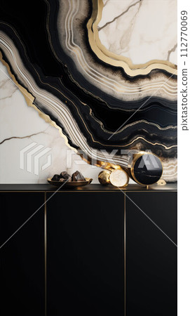 Golden and black interior. Polished stone wall with an exquisite natural pattern design Golden and black interior. Polished stone wall with an exquisite natural pattern design 112770069