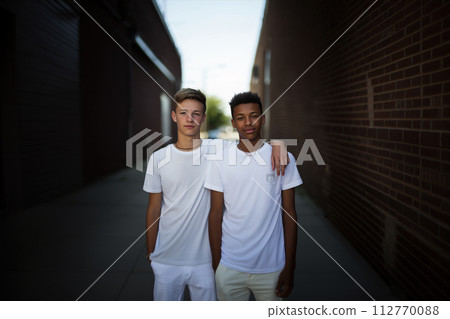 Two teenagers wearing plain white t-shirts posing against a city street. 112770088