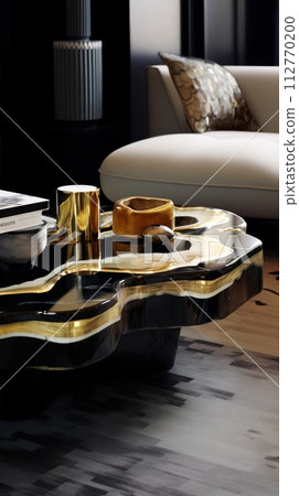 Golden and black interior. Polished stone wall with an exquisite natural pattern design 112770200