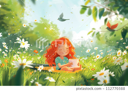 Cheerful girl enjoys a sunny day outdoors surrounded by wildflowers and birds 112770388