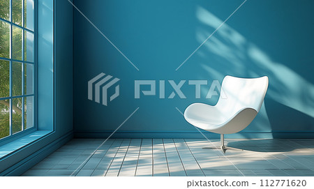 AI 產生的圖像：藍色牆壁和白色椅子，被從窗戶射入的光線照亮 112771620