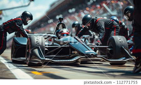 AI-generated content. Racing team working at pit stop with racing care during tournament on a daytime AI-generated content. Racing team working at pit stop with racing care during tournament on a daytime 112771755