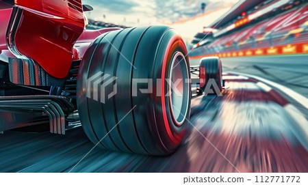 AI-generated content. Close-up of red racing car wheel moving on high speed on race track with blurred tribune on background. Concept of motorsport, tournament 112771772