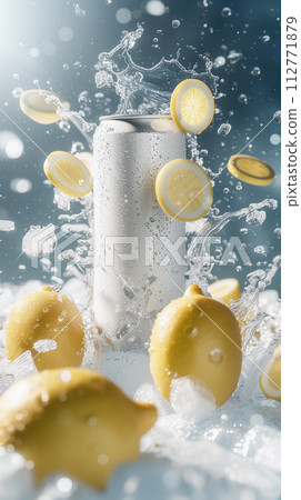 Drink Can with Liquid Splashes and Lemons Slices on Light Background 112771879