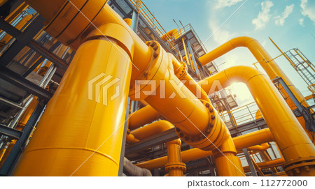 Industrial Yellow Gas Pipeline Against Blue Sky Industrial Yellow Gas Pipeline Against Blue Sky 112772000