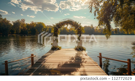 Floral Archway Overlooking Serene Lake Landscape 112772029