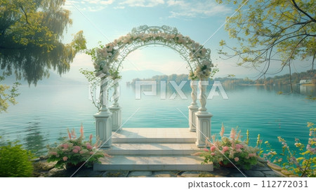 Floral Archway Overlooking Serene Lake Landscape Floral Archway Overlooking Serene Lake Landscape 112772031