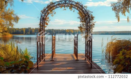 Lakeside Wooden Pier with Metal Arch Canopy Lakeside Wooden Pier with Metal Arch Canopy 112772032