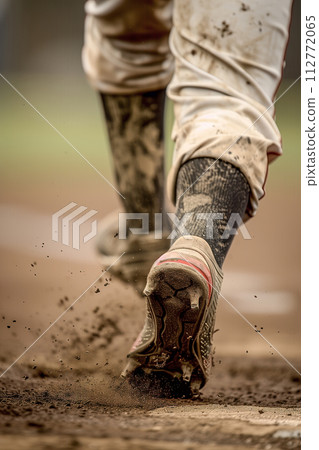 Baseball Player Running on Dirt Field Close-Up Baseball Player Running on Dirt Field Close-Up 112772065