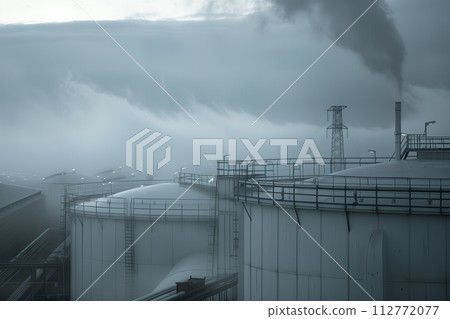 Industrial Storage Tanks Against Stormy Sky Background 112772077