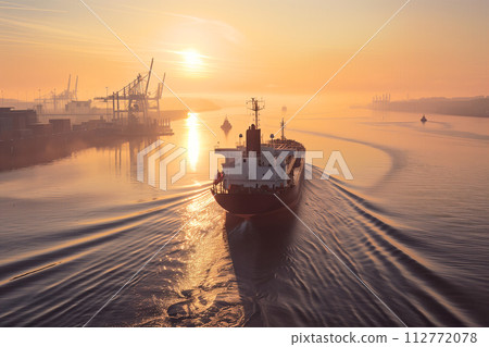Cargo Ship Sailing at Dawn in Golden Light 112772078