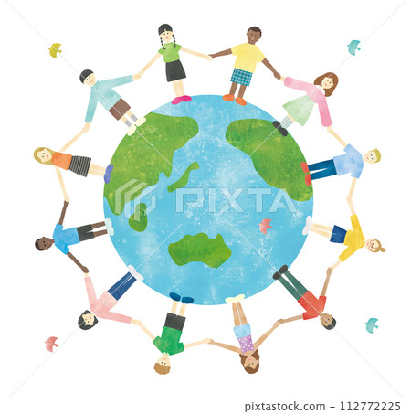 孩子手牽手圍成一圈的水彩畫 112772225