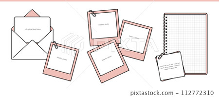 Illustrations of letters, polaroids, notebooks, and memos that can be used with photos and messages 112772310