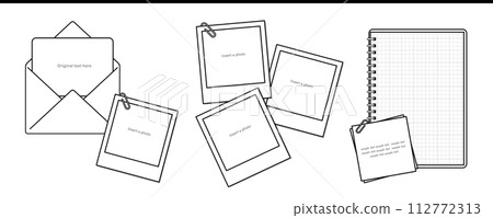 可與照片和訊息一起使用的字母、寶麗來、筆記本和備忘錄的插圖 112772313