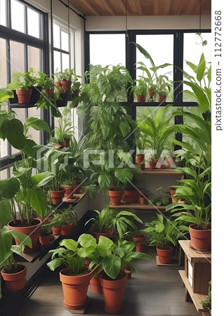 Plants in pots on a shelf in a room with large windows 112772668
