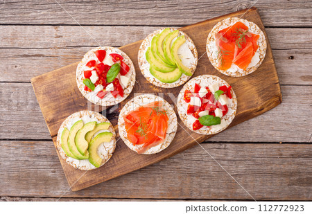 Protein toast ceispbread with delicious toppings top view 112772923