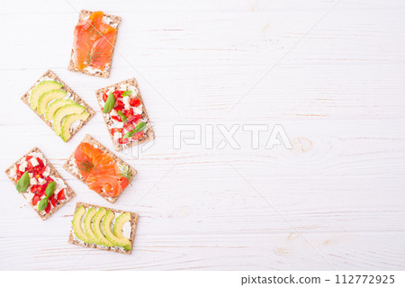 Protein toast ceispbread with delicious toppings top view 112772925