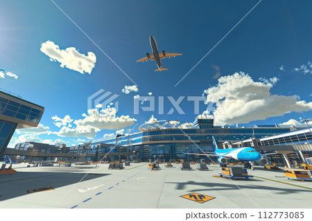 Vibrant 3d illustration of a busy airport, showcasing airplanes taking off into a clear blue sky Vibrant 3d illustration of a busy airport, showcasing airplanes taking off into a clear blue sky 112773085