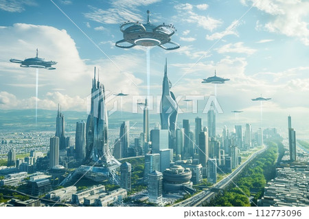 Conceptual futuristic metropolis with advanced technology, skyscrapers, and hover vehicles, featuring alien spacecraft and ufos flying in the blue sky over a modern urban landscape 112773096