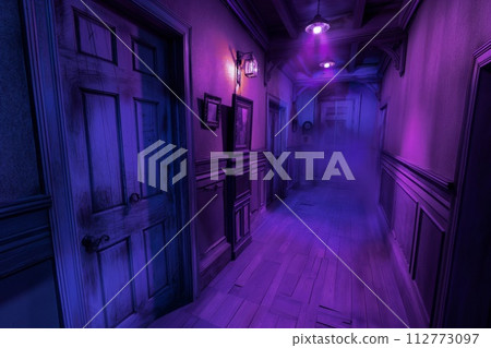 A spooky, purple-lit hallway with fog and vintage decor evokes an eerie atmosphere 112773097