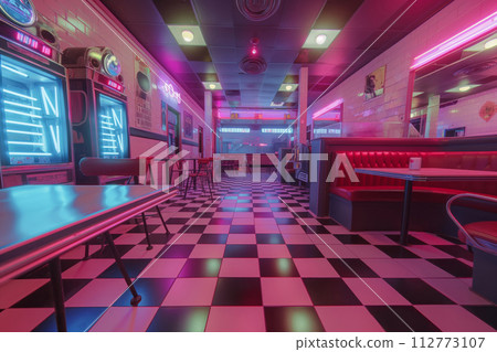 Vibrant neon-lit retro diner with classic checkered flooring and vintage decor Vibrant neon-lit retro diner with classic checkered flooring and vintage decor 112773107