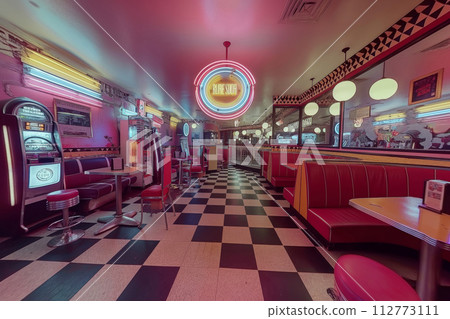 Vintage American diner featuring neon signage, red booths, and a traditional jukebox Vintage American diner featuring neon signage, red booths, and a traditional jukebox 112773111