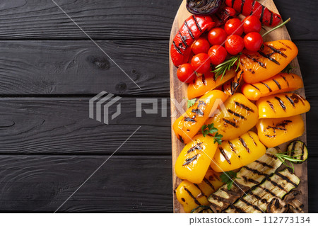 Colorful grilled vegetables on a pan barbecue 112773134