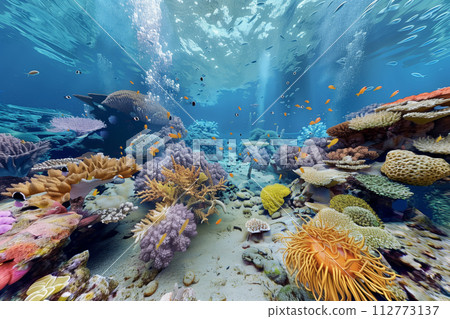 Colorful underwater scene with diverse coral species and tropical fish in their natural habitat 112773137