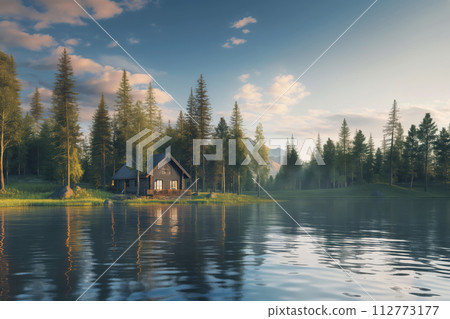 Tranquil scene of a cozy cabin by a forest lake as the sun sets, reflecting golden light on the water 112773177