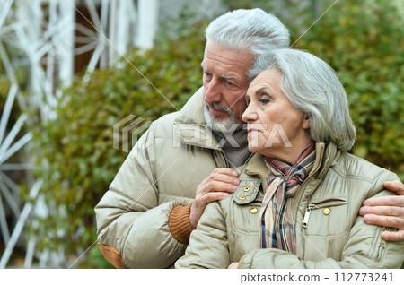 Portrait of sad senior couple in park 112773241